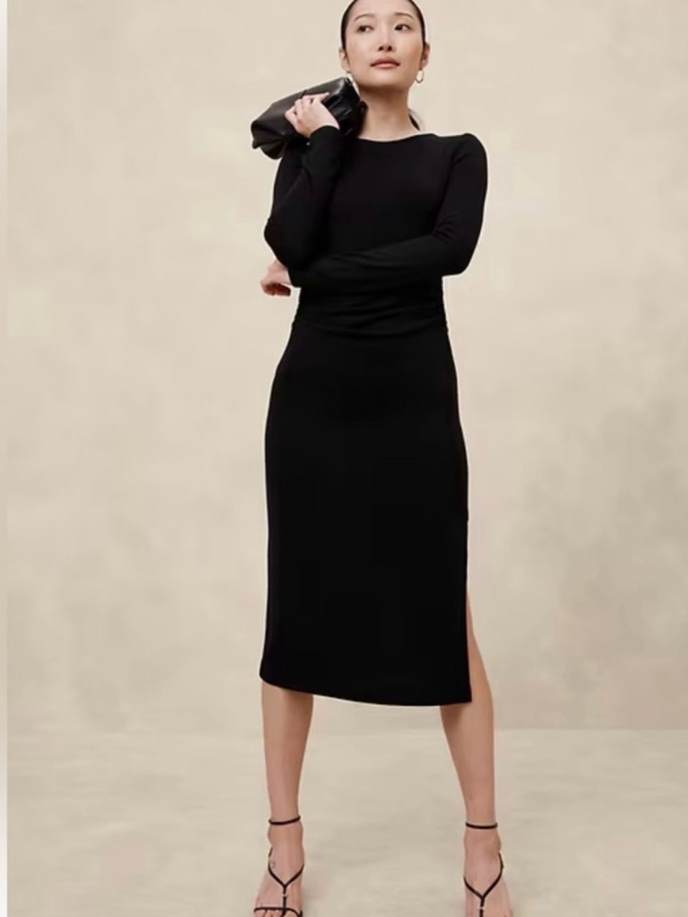 Banana Republic Soft Luxe Ruched Long Sleeve Midi Dress Black